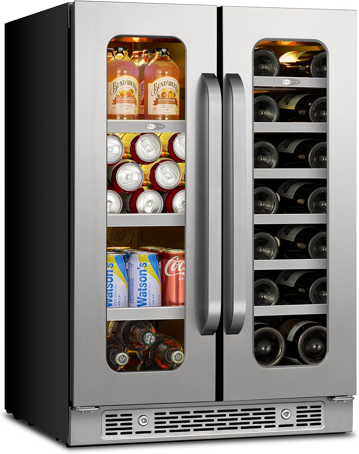 Whynter 24 Inch Dual Zone Wine and Beverage Refrigerator 20 Bottles 60 Cans Wine Fridge with Glass Door Wine Cooler Built-in Under Counter French Door 3 LED for Home Bar Luxury Series(4.1 cu.ft)