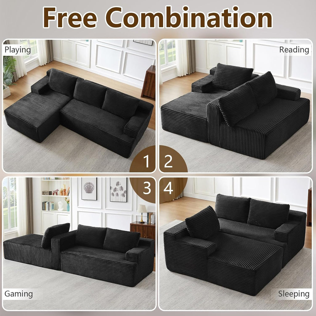 96' Modular Sectional Sofa Couches L-Shape Couch 3 Seat Modular Sofa Corduroy Memory Foam Sectional Boneless Couches for Living Room, Cloud Couch with Oversized Chaise(Black, Left Facing)