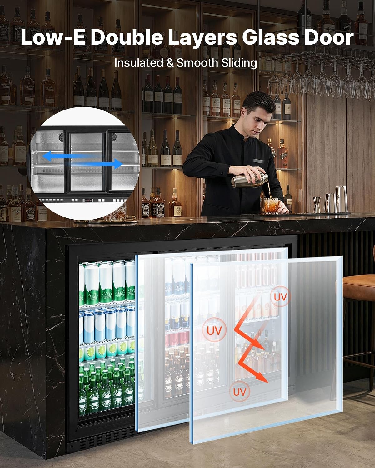 VEVOR Back Bar Cooler, 11.4 Cu.Ft Commercial Beverage Refrigerator, 3 Sliding Glass Doors, Fan Cooling Under Counter Beer Fridge w/LED Lighting, Shelves, Low-E Glass Display for Drinks, Bar, Store