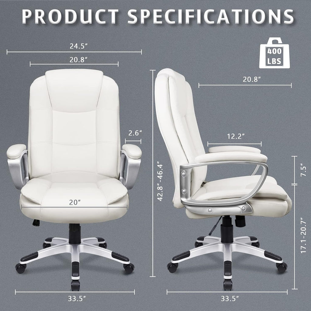 LEMBERI Office Desk Chair, Managerial Executive Chair, High Back Computer Chair, Ergonomic Height Adjustable PU Leather Chairs with Padded Armrest for Long Time Sitting (White)