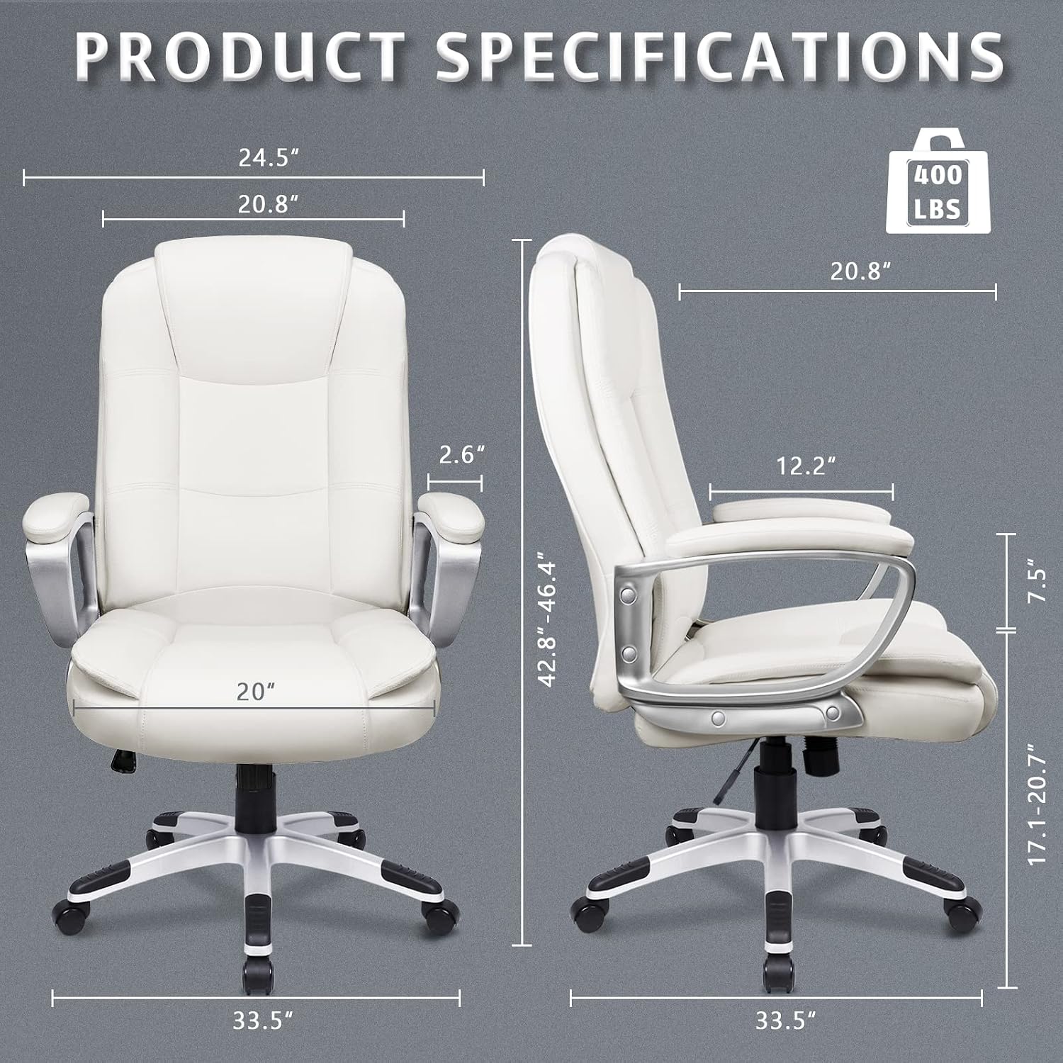 LEMBERI Office Desk Chair, Managerial Executive Chair, High Back Computer Chair, Ergonomic Height Adjustable PU Leather Chairs with Padded Armrest for Long Time Sitting (White)