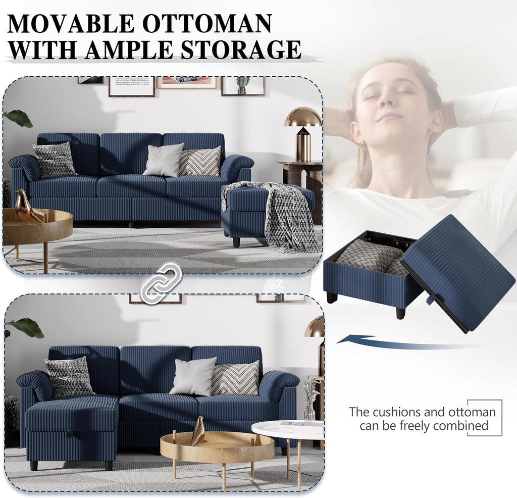Sectional Sofa Couch for Living Room, 79' Sectional Couches with Ottoman, L Shaped Couch with Armrests Side Storage Pockage, Small Sofa Couches for Apartment, Blue