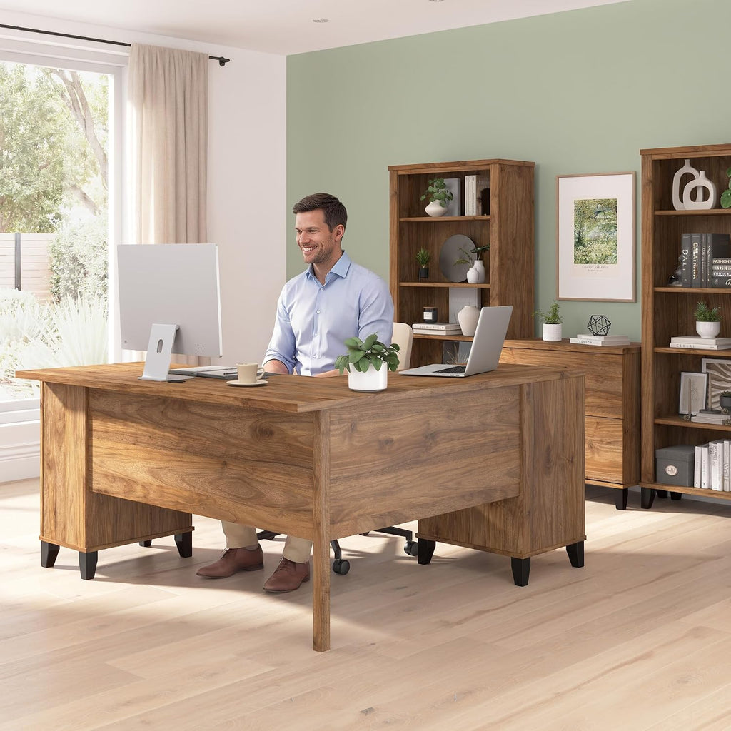 Bush Home 60-Inch L-Shaped Desk with Storage, Corner Computer Office Desk with Drawers and Storage Cabinet, Home Office Furniture, Somerset Collection, Fresh Walnut