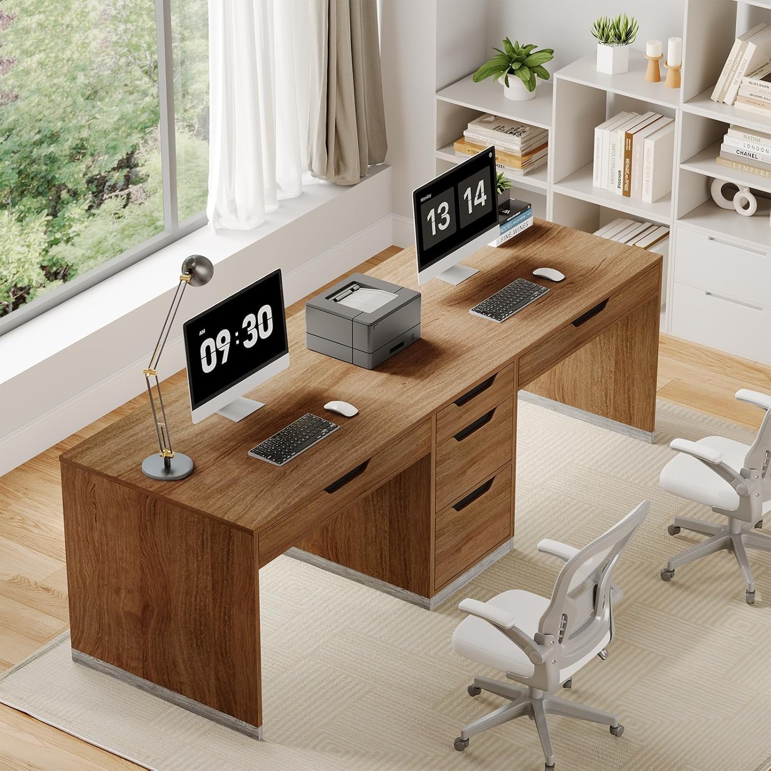 MaverickFurni Two Person Desk with 5 Drawers, Double Desk with Storage for 2 People, 78 Inch Extra Long Computer Desk Workstation with File Drawer for Home Office, Brown