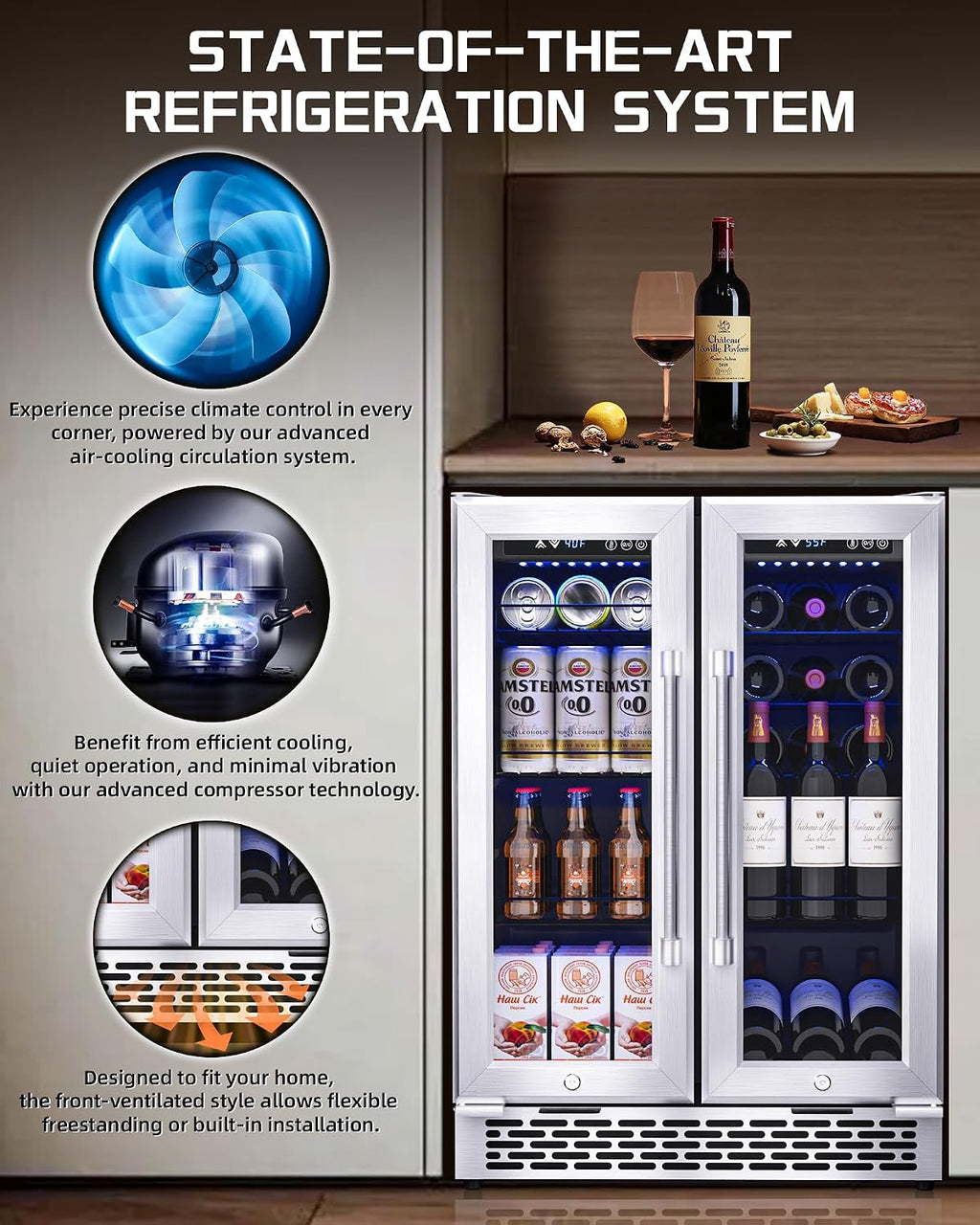 Under Counter Beverage Refrigerator – 160 Can & 20 Bottle Capacity, Dual Zone Built-In Beverage Cooler with Glass Door and Quiet Advanced Cooling System, Ideal for Beer, Wine, Soda