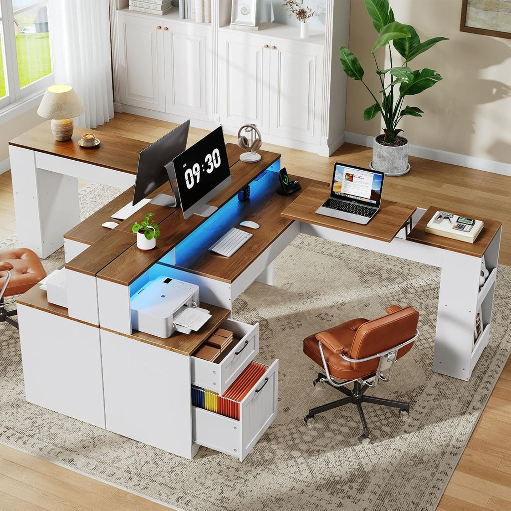Farmhouse 63' L Shaped Standing Desk, Corner Computer Desk with Drawers, Office Desk with File Drawers with RGB Lighting & Charging Station, Monitor Stand and Storage Shelves, White and Walnut
