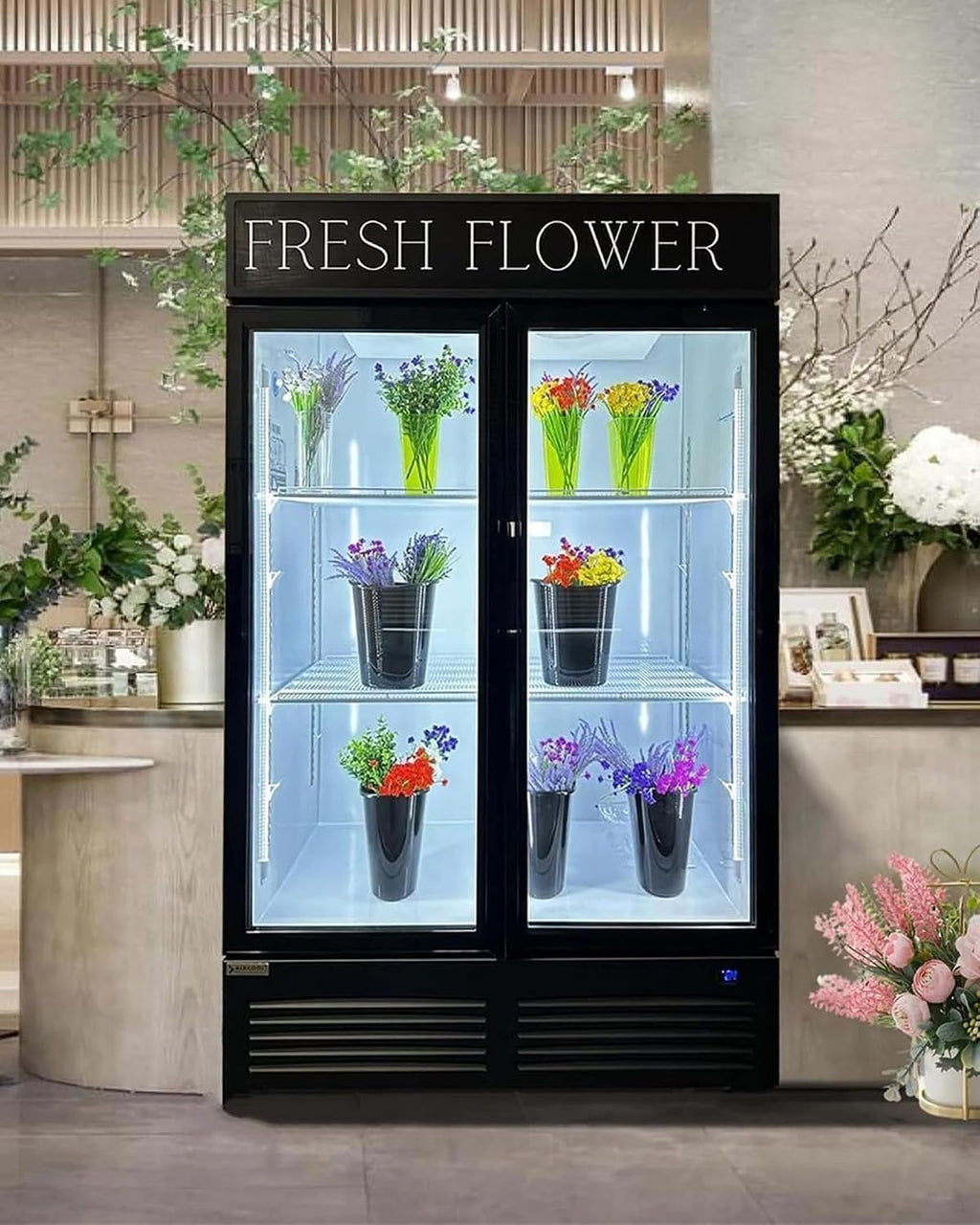 Commercial Flower Beverage Refrigerator Floral Display Fridge,Two Glass Door Drink Cooler with LED Light Adjustable Shelves,ETL Sanitation,43 Cu Ft,47' Wide,Wheels Included