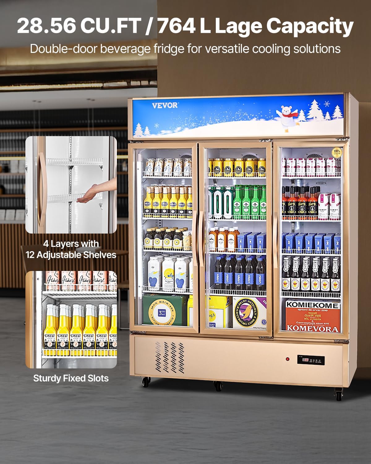 VEVOR Commercial Merchandiser Refrigerator Triple Glass Doors, Cubic Ft, Upright Display Beverage Cooler 79' Tall x 60' Width, Fridge with LED Lighting for Drink Wine Soda, Gold, 35 cu.ft