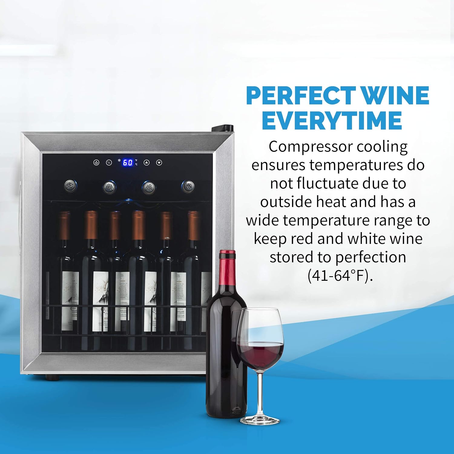 NewAir 16 Bottle Wine Cooler Refrigerator, Freestanding Wine Fridge with Stainless Steel Door, Quiet Compressor Cooling for Red, White & Sparkling Wine, Compact Mini Wine Cellar