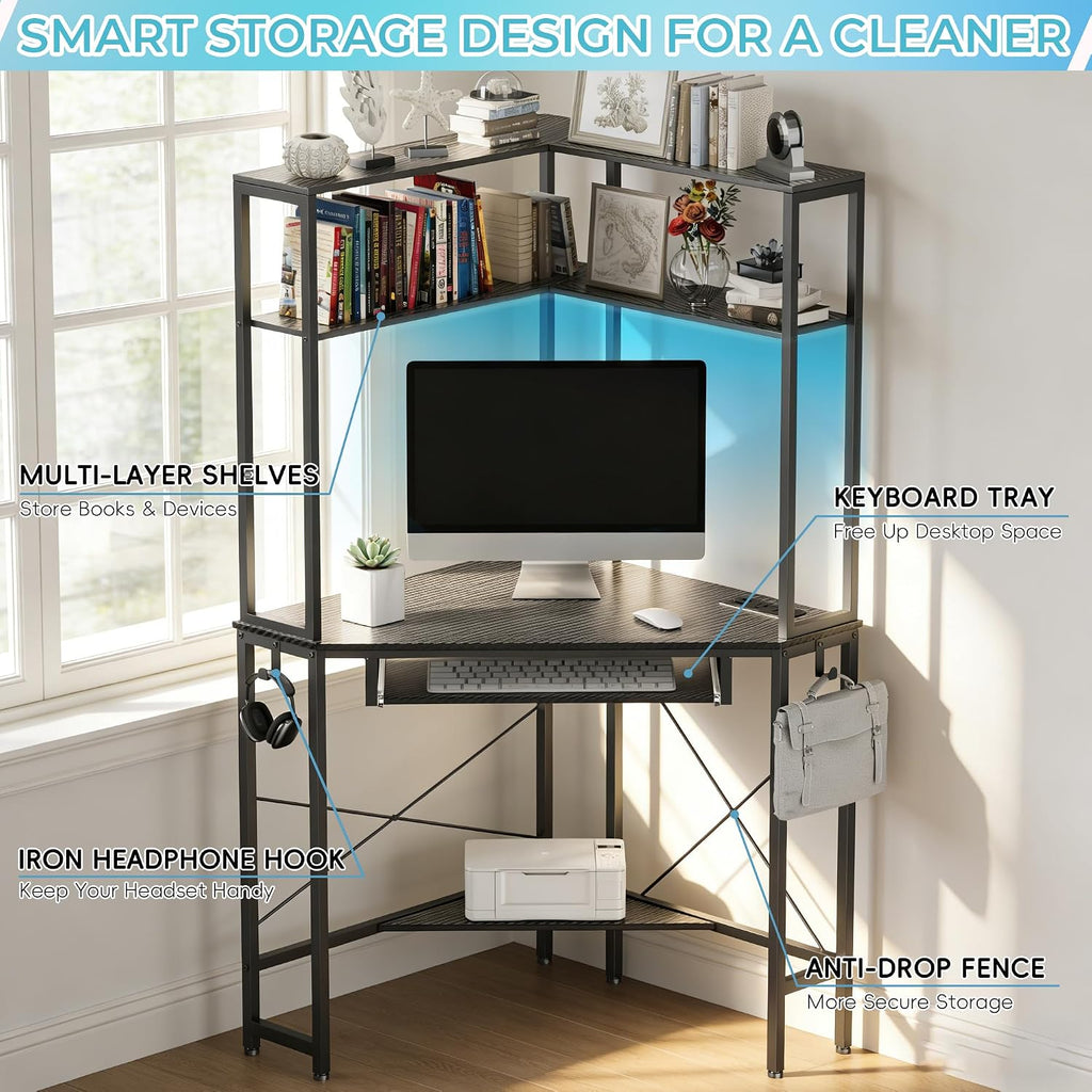 Corner Desk with Hutch and LED Lights, Corner Computer Desk with Keyboard Tray and Monitor Stand, Small Computer Desk for Small Spaces, Home Office（Carbon Black）