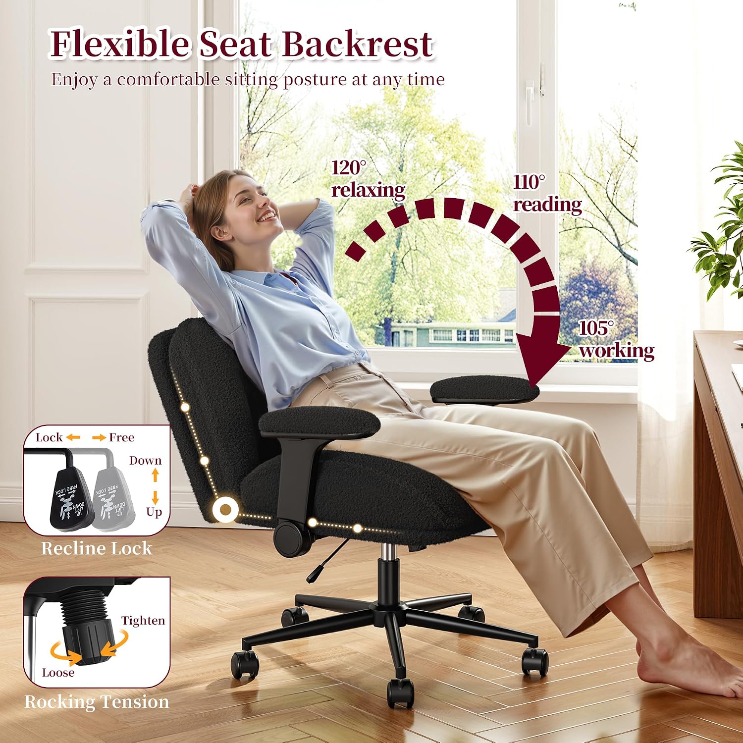 DurayLoly Criss Cross Chair with Wheels,Flip Up Arms,Wide Seat,Teddy Fleece,Adjustable Height,Cross Legged Desk Chair for Bedroom,Dorm,Home Office,Black