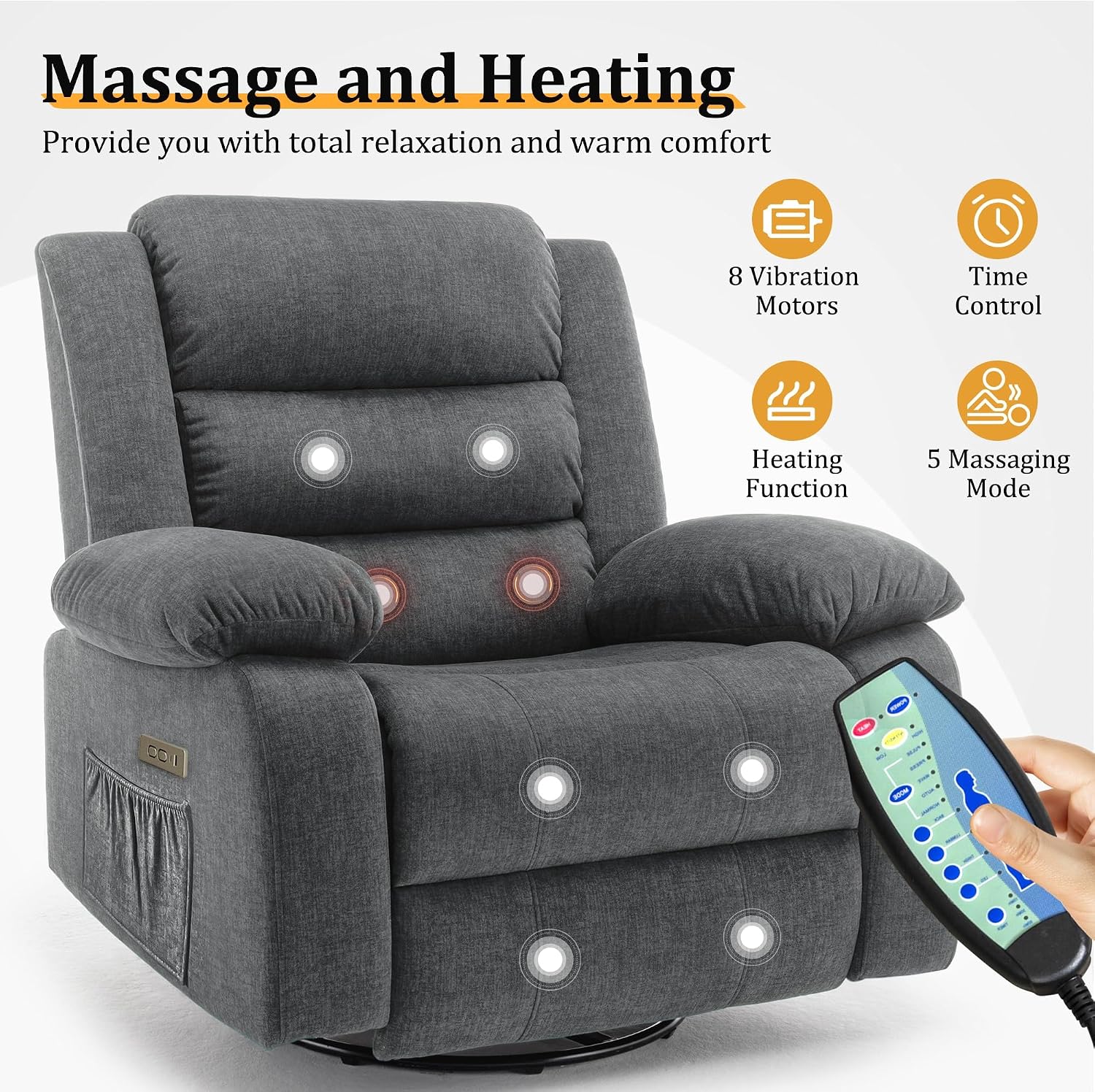 Korser Power Recliner Chair, Electric Rocker Recliner with Massage and Heat, 270° Swivel Glider, Oversized Wide Seat with USB Port, Cashmere Nursery Chair for Living Room, Grey