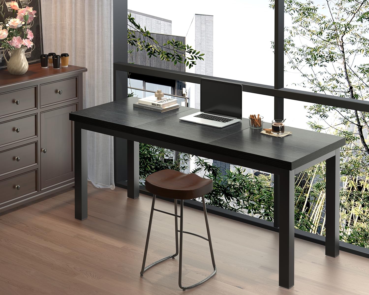 55 Inch Computer Desk, Modern Table with Thick Tabletop, Small Gaming Desk with Adjustable Feet, Study Writing Table for Home Office Work, Black