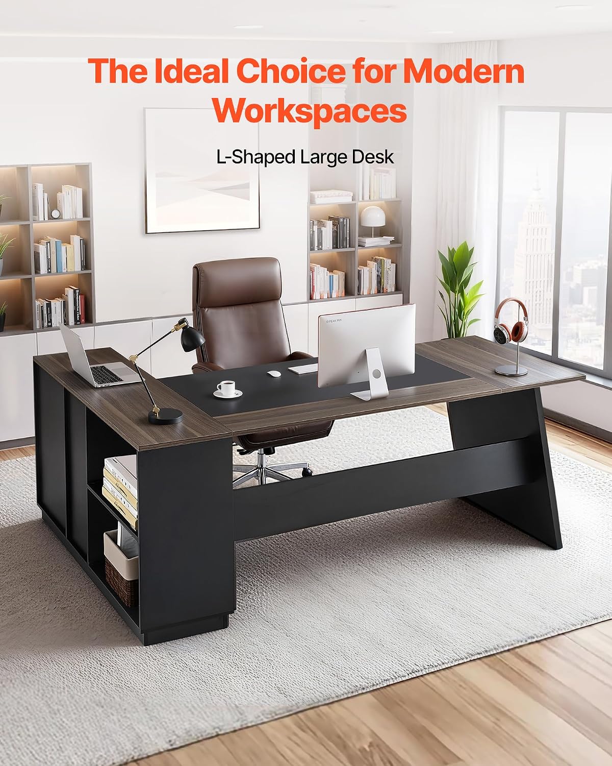 VEVOR L-Shaped Executive Desk, Large Modern Office Table with Drawers and Storage Cabinet, Heavy Duty Wooden Executive Table, 350 LBS Load Capacity, Easy Assembly, for Work Study Writing, Brown+Black