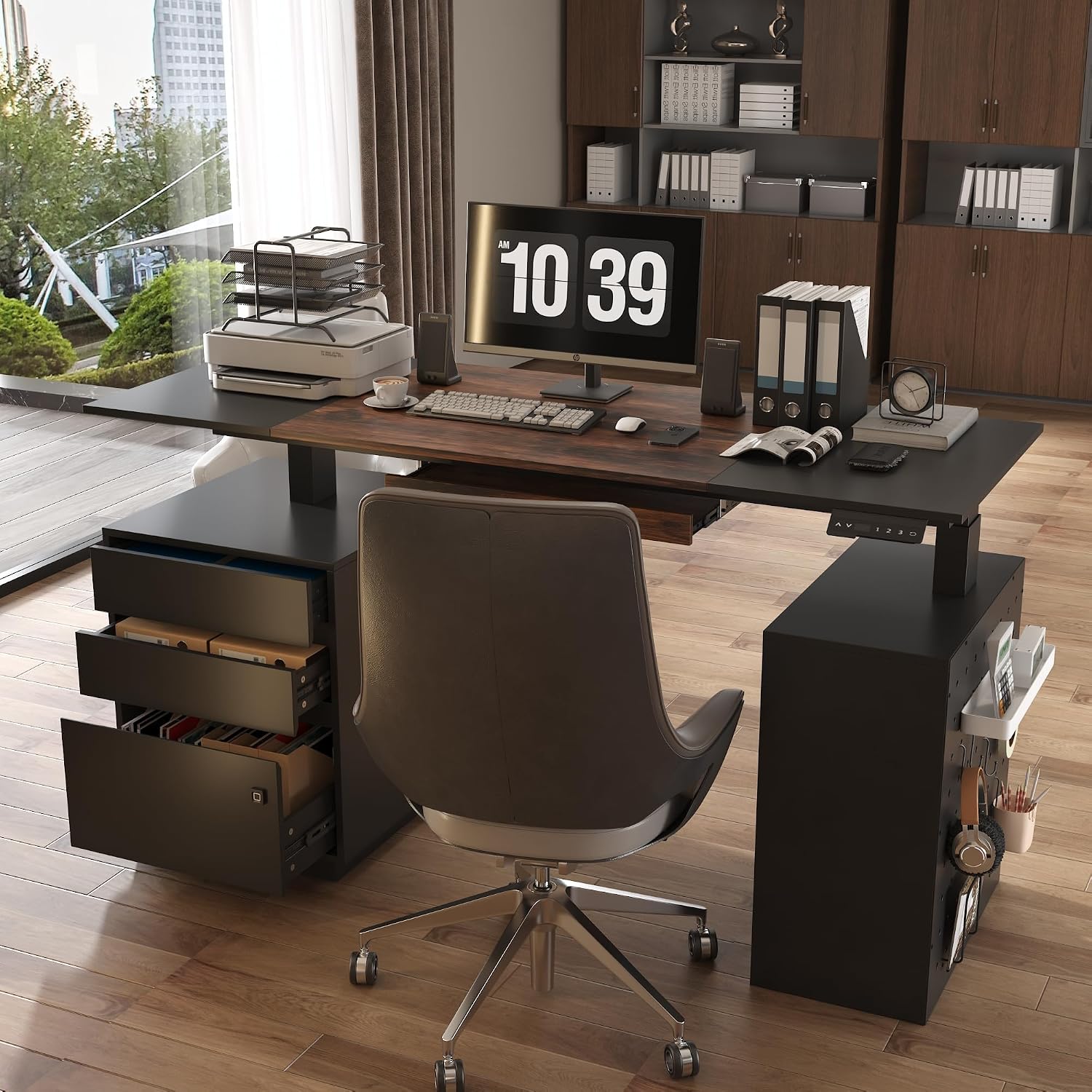 63' Electric Standing Desk with Lockable Drawer, Pegboard and Keyboard Tray, Height Adjustable Stand up Desk with File Cabinet & Shelves, Home Office Computer Gaming Table, Black