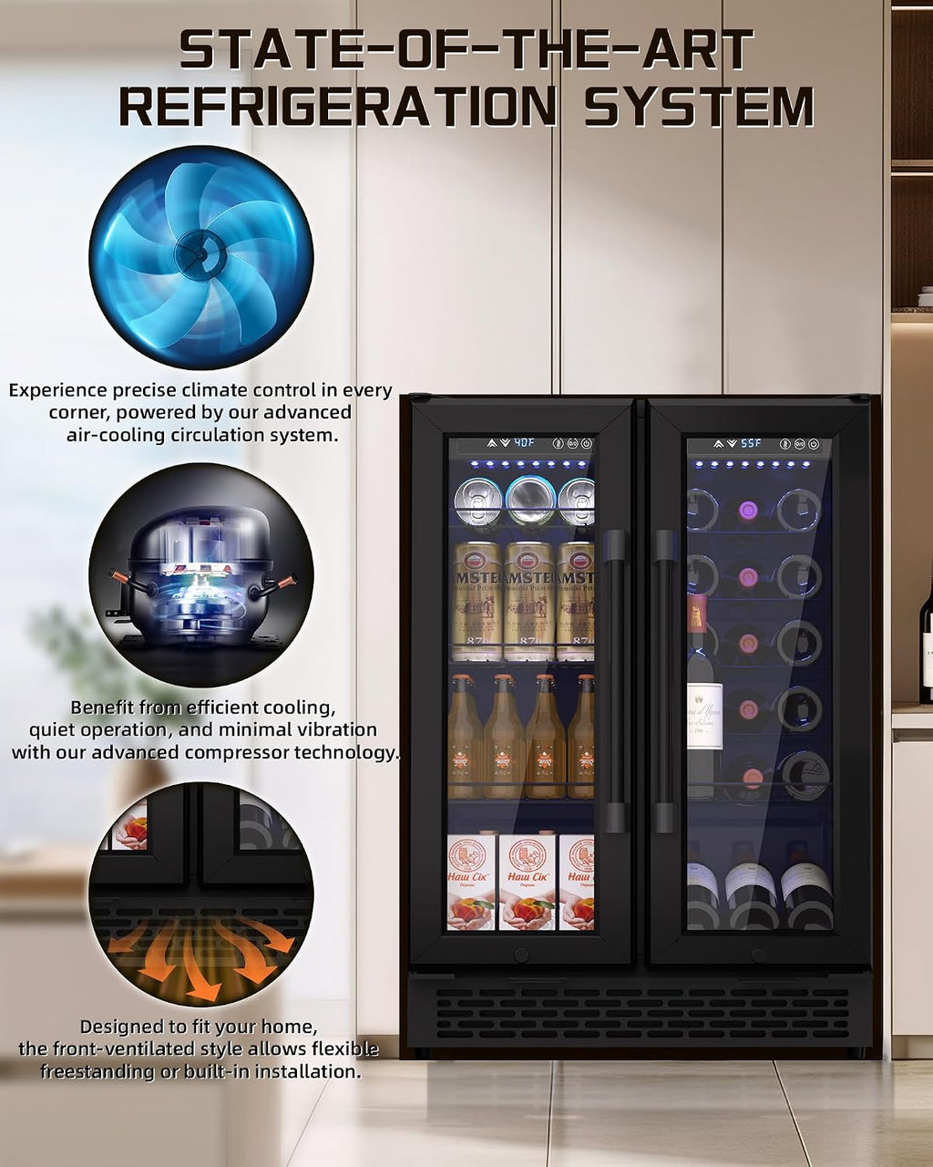 French Door Beverage Refrigerator, 24 Inch Dual Zone Built-in Fridge with Glass Door – Holds 160 Cans and 20 Wine Bottles, Beverage Cooler – Ideal for Kitchen, Bar, or Living Room
