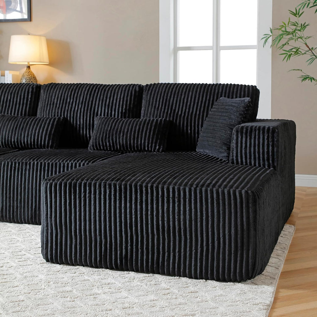 L Shaped Modular Boneless Sectional Couches for Living Room, Wide Armrest, Deep Seat, Memory Foam, Assembly Free, Modern Comfy Corduroy Fluffy Cloud Sofa with Right Chaise, Black
