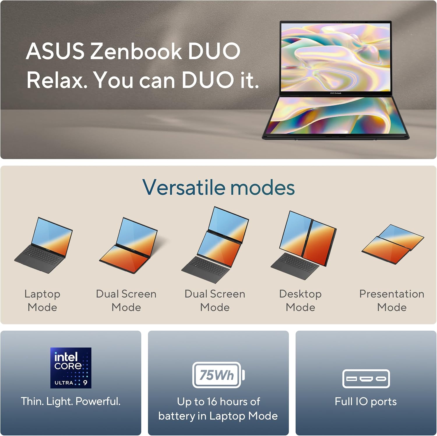 ASUS Zenbook Duo Laptop, Dual 14' OLED 3K 120Hz Touch Display, Evo, Intel Core Ultra 9 285H, Intel Arc Graphics, 32GB RAM, 1TB SSD, Windows 11, UX8406CA-PS99T