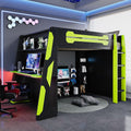 Merax Full Size Loft Bed with Desk and Multi-Storage Shelves, Wooden Gaming Loft Bed Frmae with Light and Charging Station, Space-Saving Bed with Safety Guardrail, No Box Spring Needed, Green