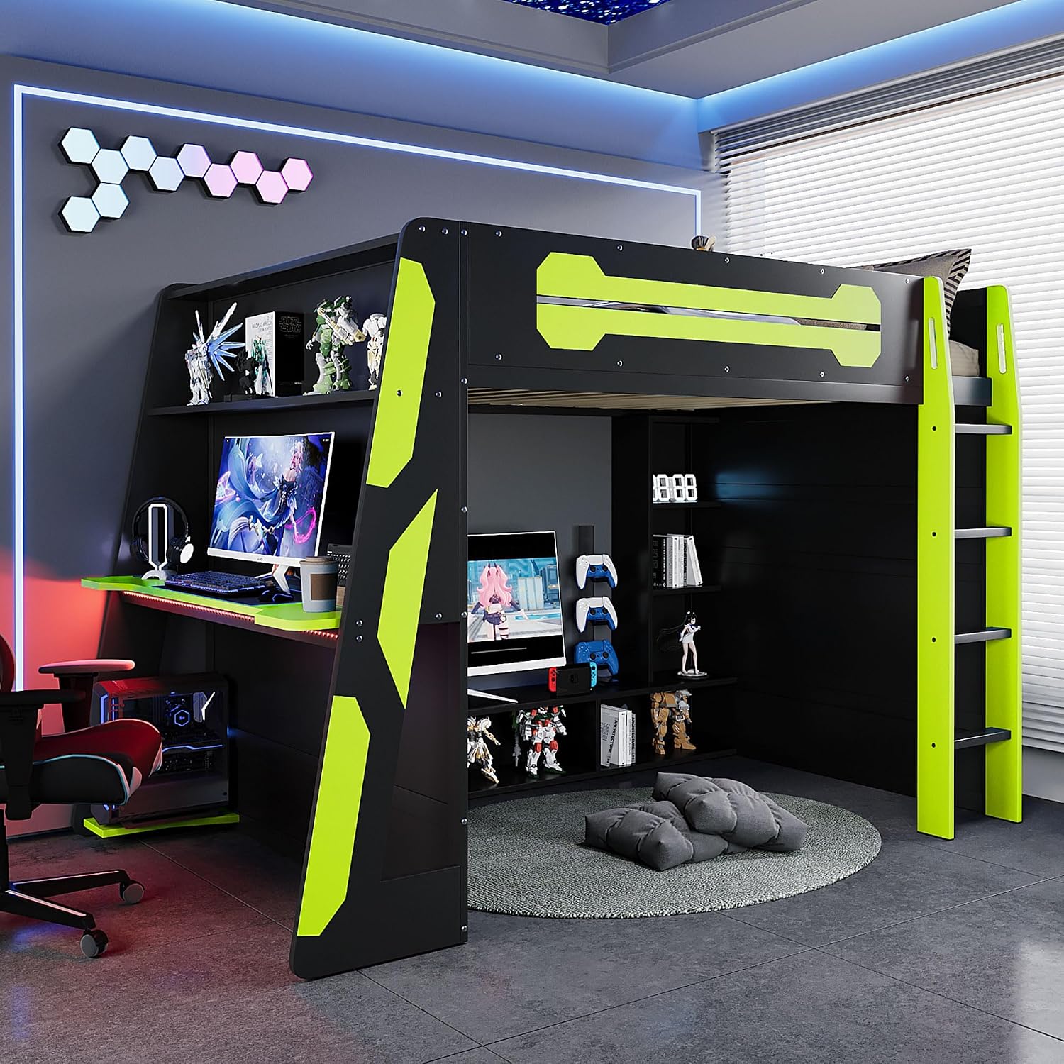 Merax Full Size Loft Bed with Desk and Multi-Storage Shelves, Wooden Gaming Loft Bed Frmae with Light and Charging Station, Space-Saving Bed with Safety Guardrail, No Box Spring Needed, Green