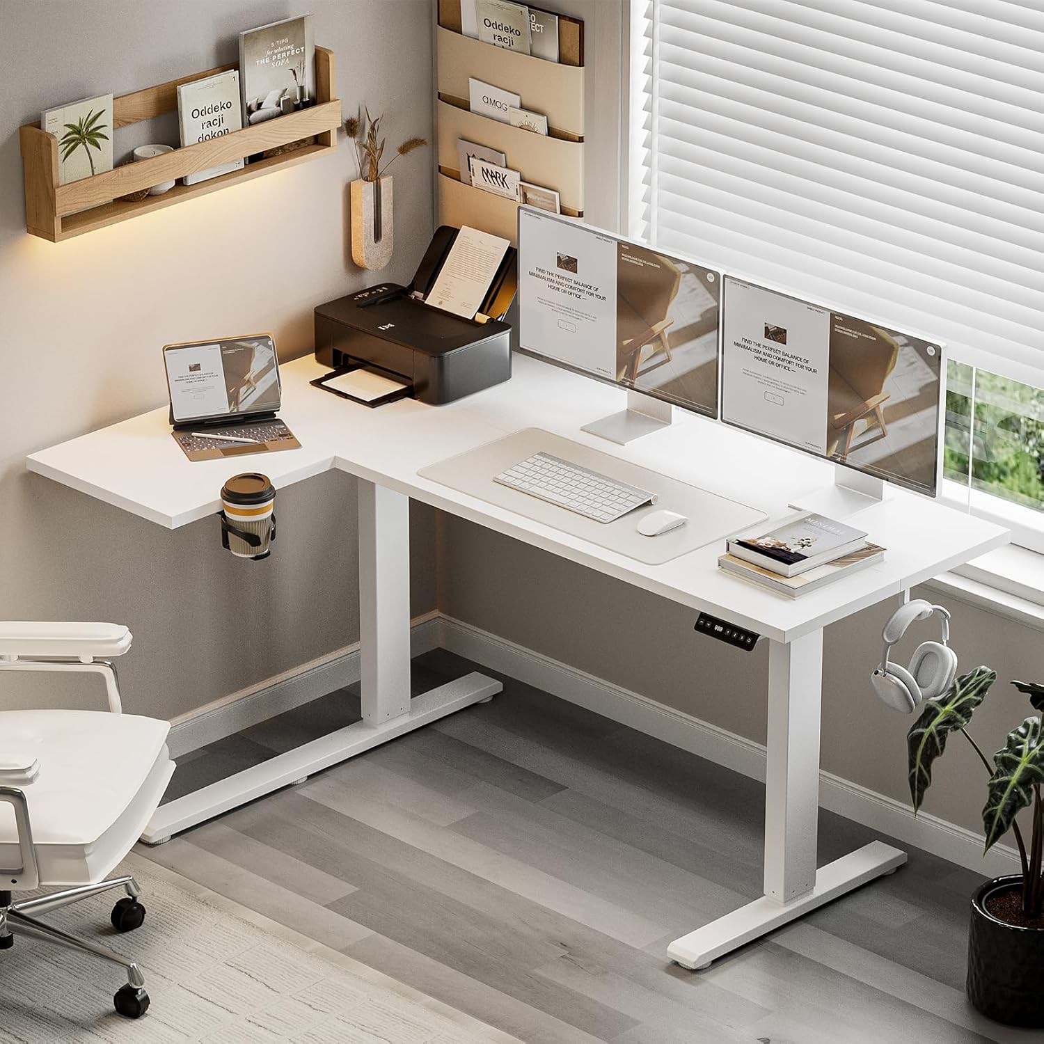 Muvai 71 Inch L Shaped Standing Desk Adjustable Height with Cable Management Tray,Gaming Electric Corner Standing Desk, Sit Stand Computer Table with Reversiable Splice Board, White
