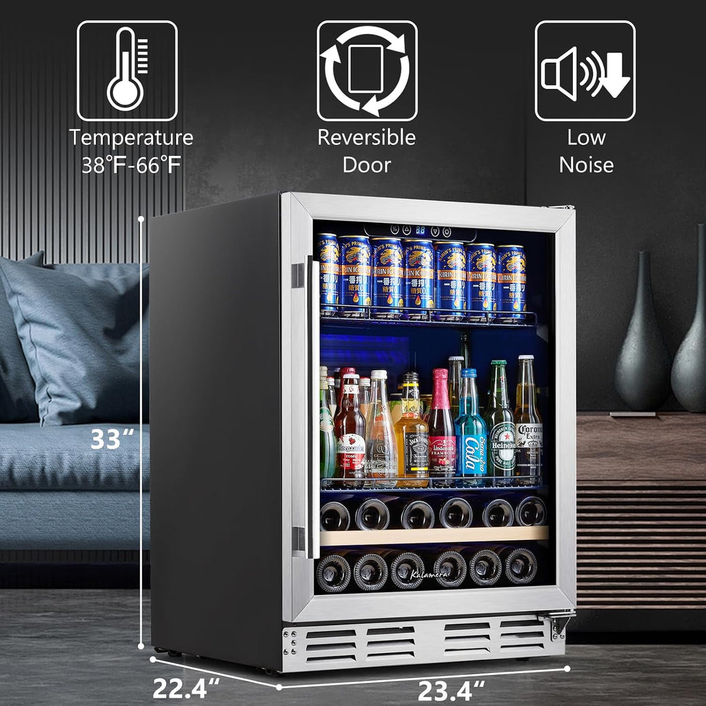 Beverage Fridge 24 Inch Beverage and Wine Cooler Built-in or Freestanding - 120 Cans & 16 Bottles Capacity Wine Refrigerator Cooler