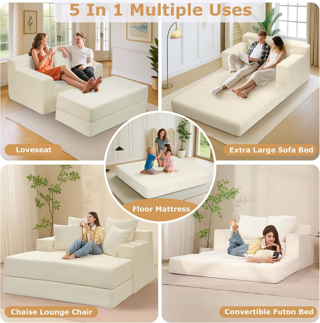 Convertible Futon Sofa Bed with Ottoman, 5 in 1 Folding Couch Bed Loveseat Sleeper, Corduroy Boneless Couch with Deep Seat for Living Room Chaise Lounge Chair Indoor, No Assembly Required, Beige