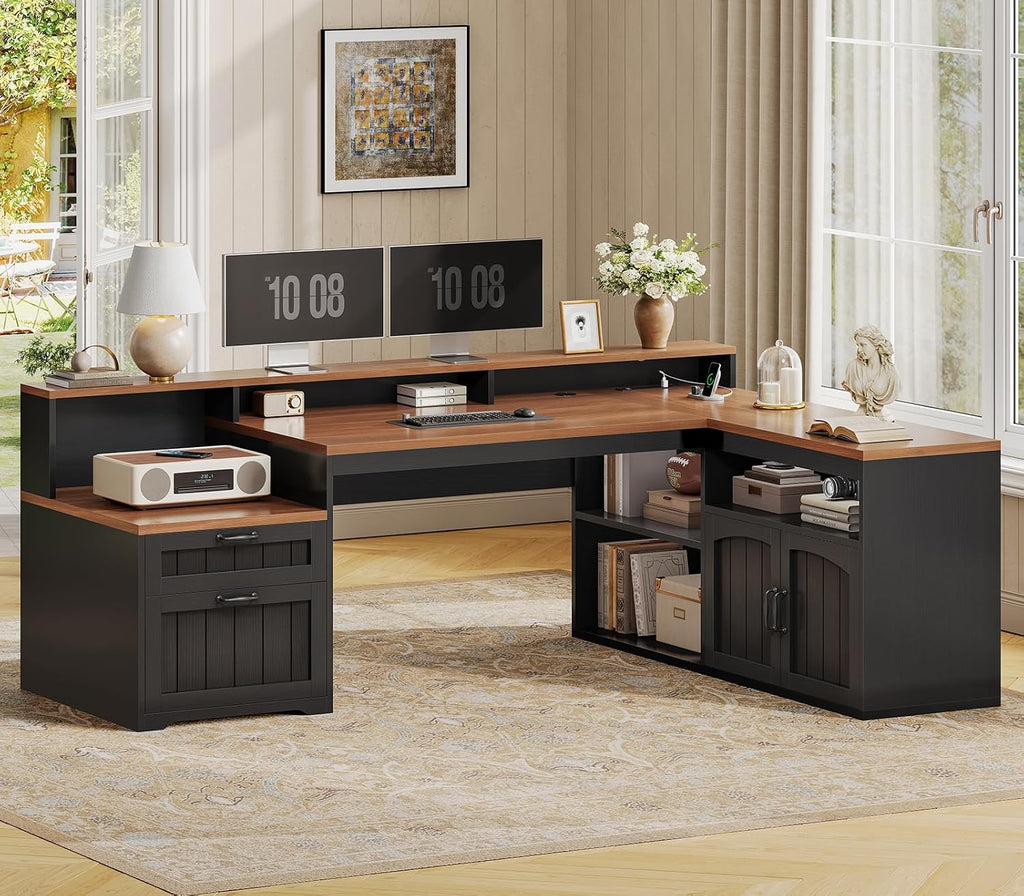 SEDETA 59' L Shaped Desk with Drawers, Farmhouse Corner Computer Desk, Wood Office Desk with File Drawers with Storage, Home Office Desks with Monitor Stand and Storage Cabinet, Brown and Black