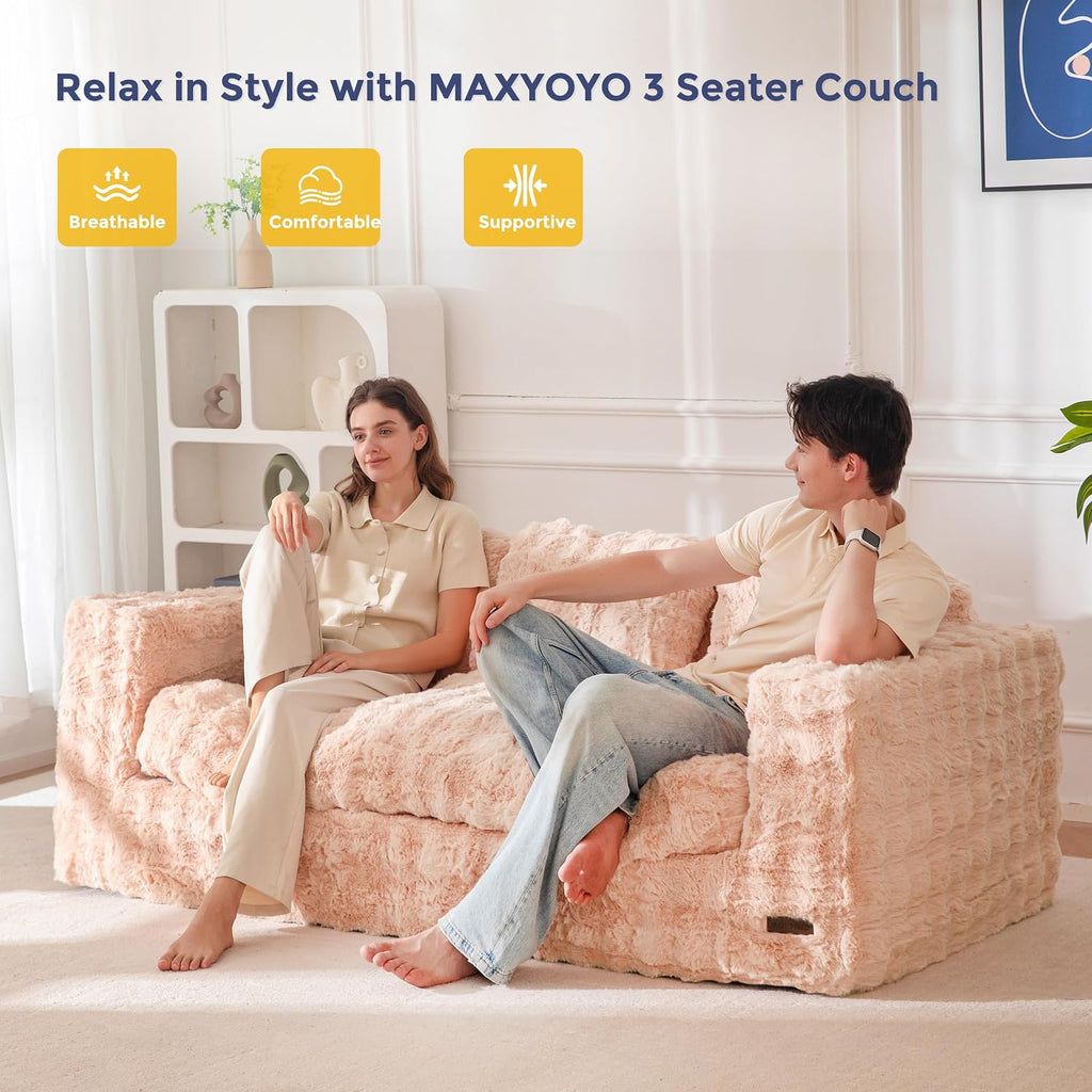 MAXYOYO 3-Seater Boneless Sofa Couch, Modern Bubbled Sofa for Living Room, Soft Bean Bag Chair High-Density Foam Couch with Pillows, No Assembly Required