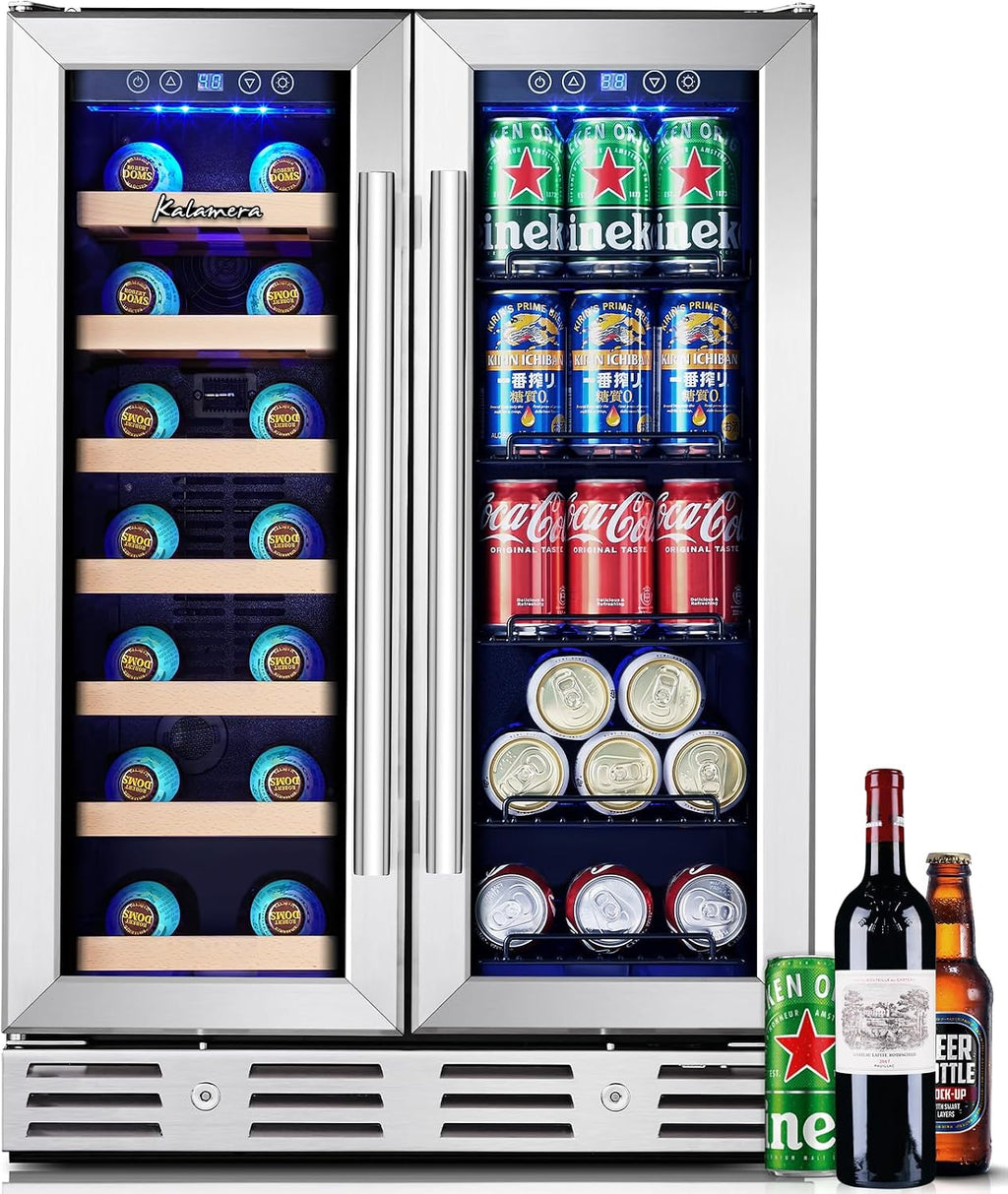 Kalamera Wine and Beverage Refrigerator, 24 inch Wine Fridge Dual Zone Hold 21 Bottles and 77 Cans,Built in or Under Counter Wine Fridge with Blue LED Light