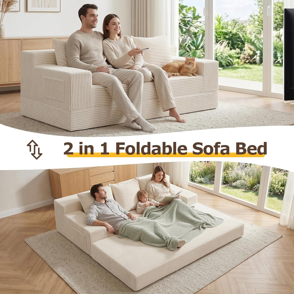 cidludto Convertible Sofa Bed, 78' Oversized Boneless Loveseat Couch 2 in 1 Foldable Futn Bed Couch in A Box, Folding Sleeper Sofa Chair for Living Room, No Assembly Required, Beige