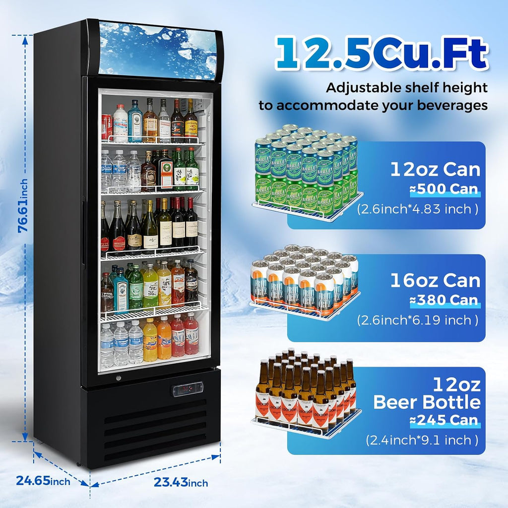 12.5 Cu Ft Commercial Beverage Refrigerator with 1 Glass Doors - Upright Drink Cooler Merchandiser with LED Light Display, 4 Adjustable Shelves, Black, ETL Approved for Business & Retail