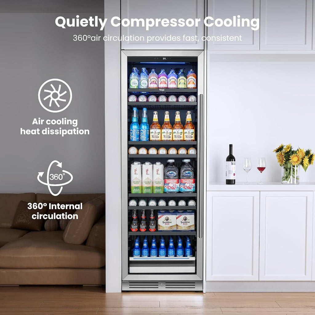 Beverage Refrigerator 24 inch -378 Cans Capacity Beverage Cooler, Upgraded Beverage Refrigerator Freestanding or Built-In, Drink Cooler for Soda, Water, Beer or Wine - For Kitchen, Bar or Office
