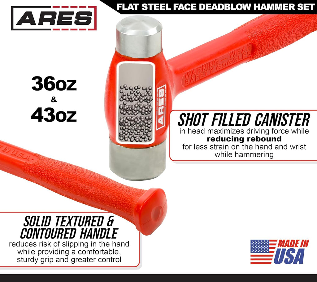 ARES 4131033 – 2-Piece Flat Steel Face Deadblow Hammer Set - 36oz and 43oz Hammers - Steel Shot-Filled Head for Greater Accuracy and Striking Force – Flat Steel Ends for Precise, Powerful Force
