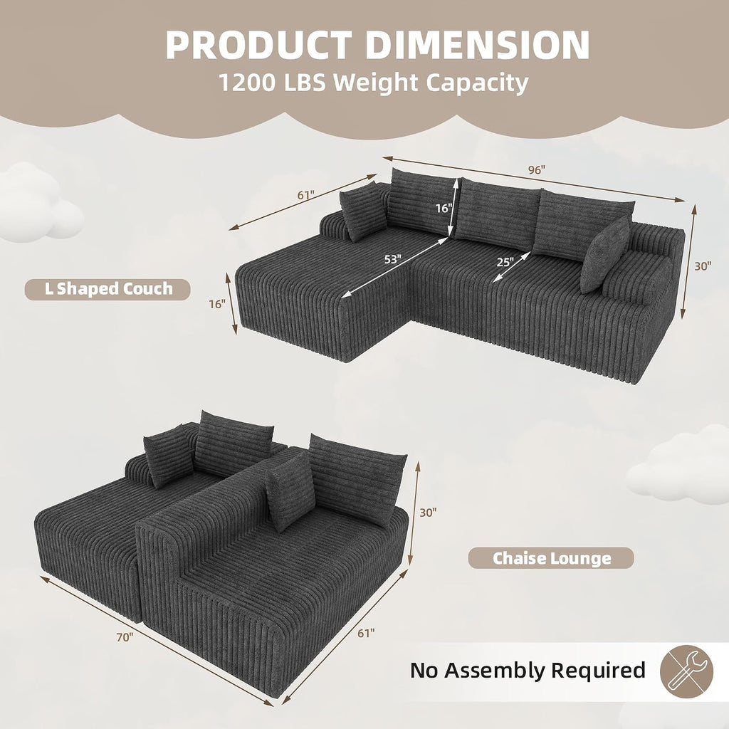 2026 New Boneless Couch, No Assembly Cloud Couch Sectional with Deep Seat & Chaise for Small Spaces, Upholstered Boneless Sectional Couch for Living Room, L Shaped Couch with Left Facing Chaise, Grey
