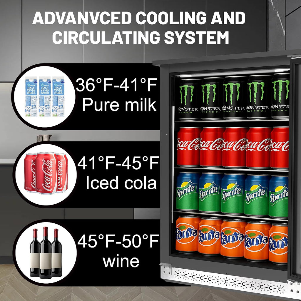 20 Inch Under Counter Beverage Fridge with Glass Door, Beverage Refrigerator Cooler 120 Can,Built in or Freestanding,Fast Cooling,Quiet ≤39 dBs,Blue LED Light Cooler for Bar, Home, Office