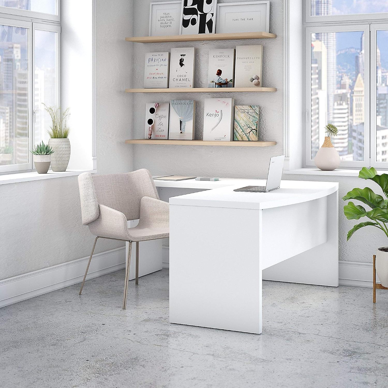Bush Business Furniture Echo L Shaped Bow Front Office Desk in Pure White, Modern Computer Table for Home or Professional Workspace