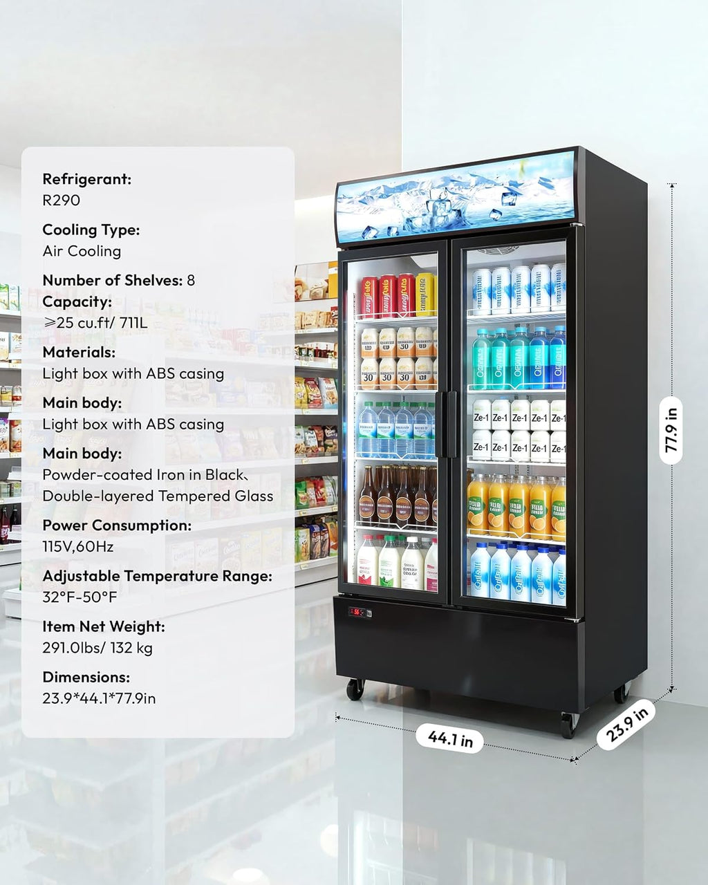 25 cu.ft Commercial Refrigerators, Beverage Cooler with LED Light, Drink Merchandiser with 8 Adjustable Shelves, 2 Glass Doors, Digital Control, ETL Certified, 32-50°FF