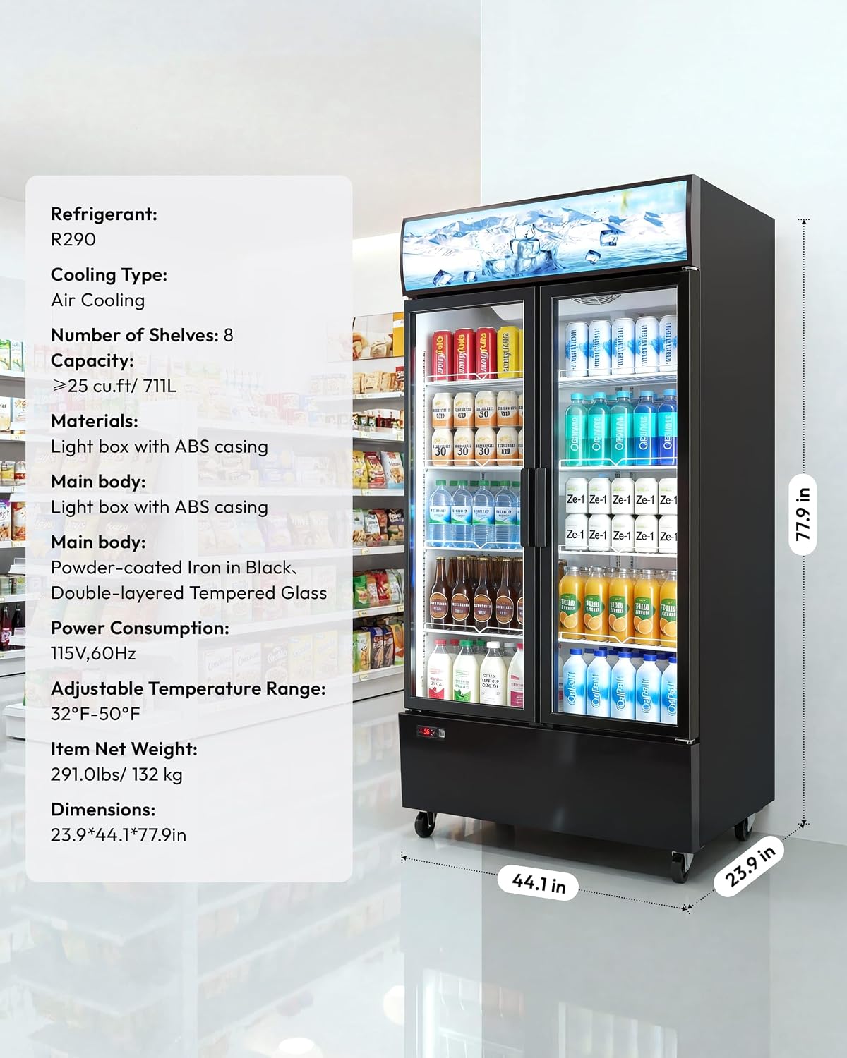 25 cu.ft Commercial Refrigerators, Beverage Cooler with LED Light, Drink Merchandiser with 8 Adjustable Shelves, 2 Glass Doors, Digital Control, ETL Certified, 32-50°FF