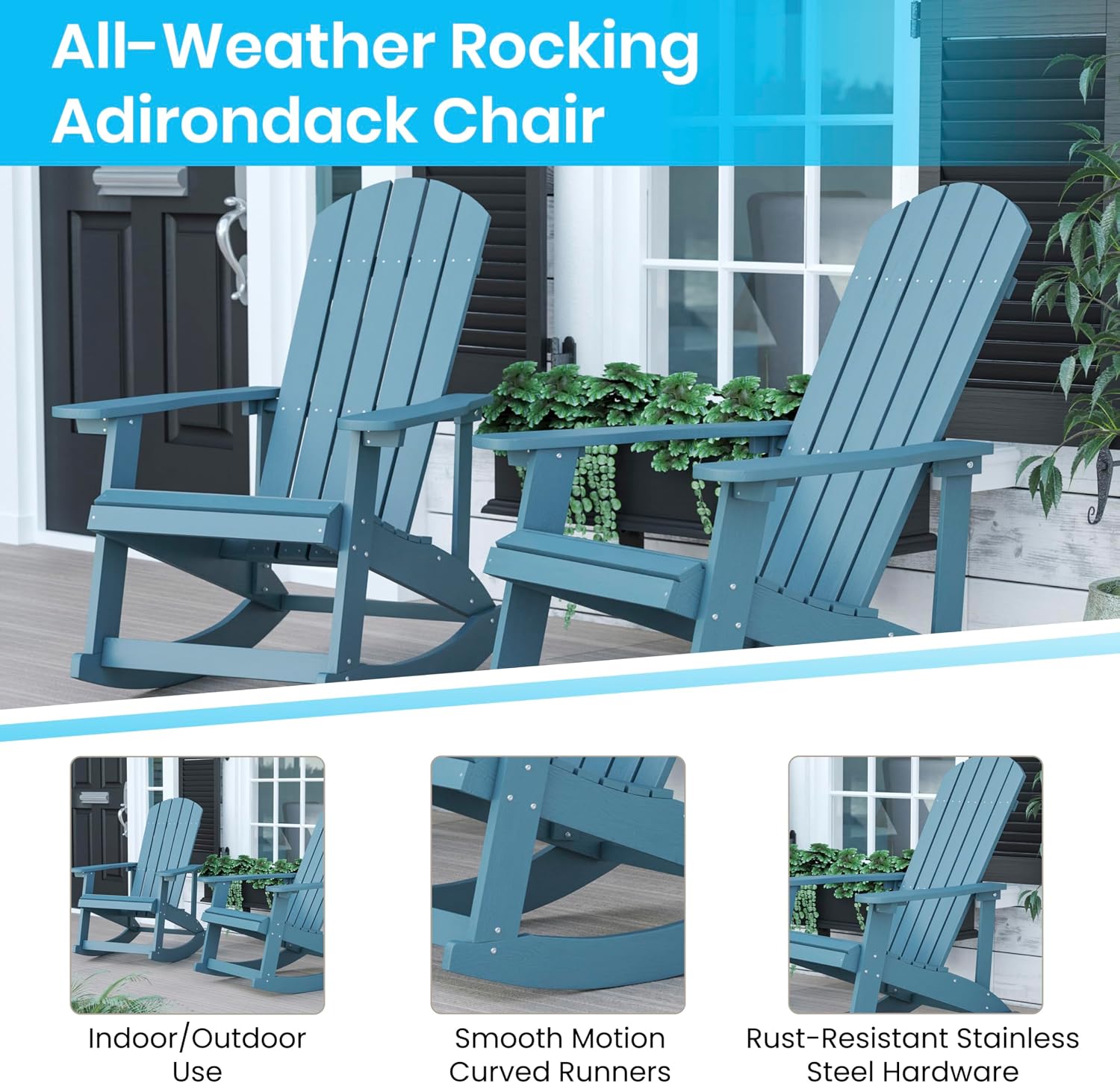 Flash Furniture Set of 2 Savannah Adirondack Rocking Chairs - Commercial Grade All-Weather Sea Foam Poly Resin Wood - Matching Side Table