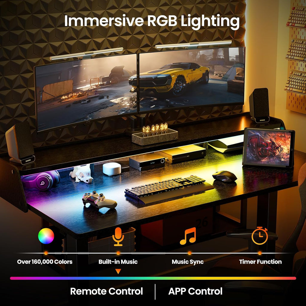 ErGear Electric Standing Desk, 55x28 Inch Adjustable Sit Stand Desk with Bookshelf & Monitor Stand, Standing Gaming Desk with LED Light Strip, Stand Up Desk for Home Office, Black