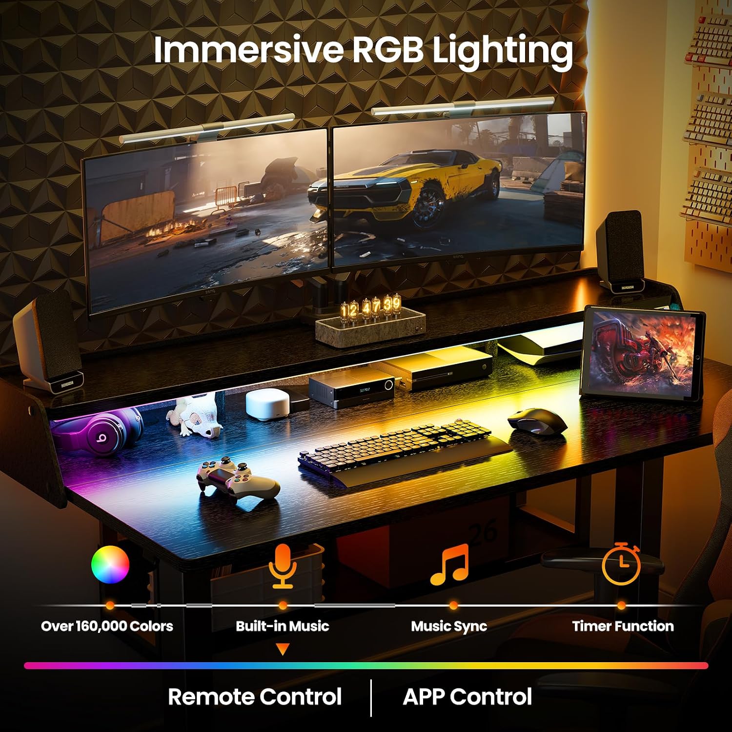 ErGear Electric Standing Desk, 55x28 Inch Adjustable Sit Stand Desk with Bookshelf & Monitor Stand, Standing Gaming Desk with LED Light Strip, Stand Up Desk for Home Office, Black