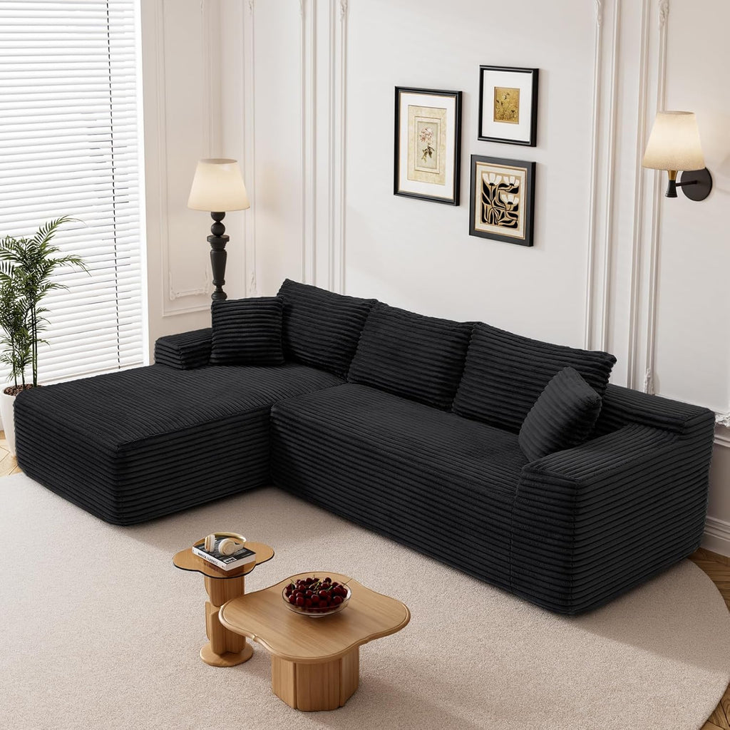 95' L Shaped Boneless Sectional Couches, Wide Armrest, Deep Seat, Memory Foam, Assembly Free, Modern Comfy Corduroy Fluffy Cloud Sofa with Left Chaise for Living Room, Small Spaces, Black