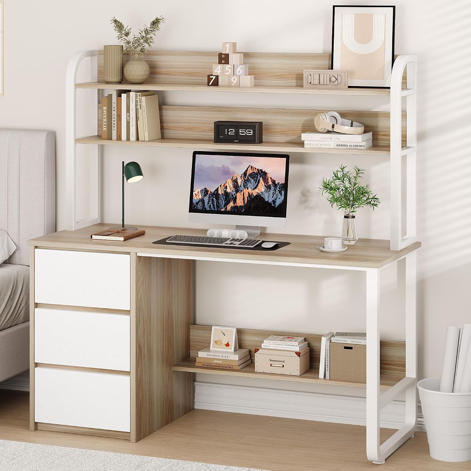 MaverickFurni Computer Desk with 3 Drawers and Shelves, 55 Inch Desk with Hutch for Small Spaces, Study Writing Desk with Shelves for Bedrrom, Adjustable Feet, Light Walnut
