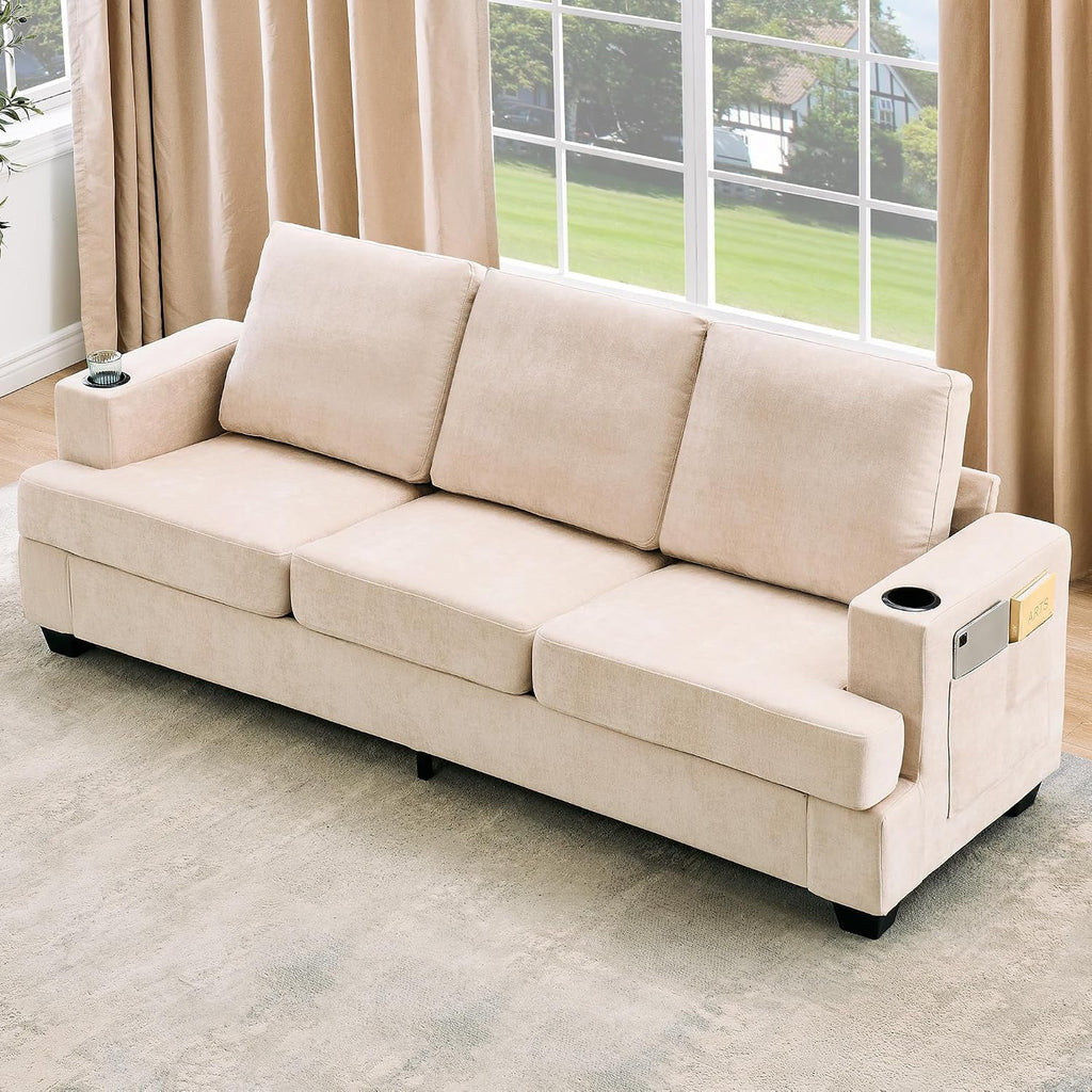 GarveeHome Modern 89 in 3-Seater Sofa for Living Room, Comfy Couches with Deep Seat, Chenille Couch with Cup Holders and Side Storage Pockets for Apartment Lounge, Beige