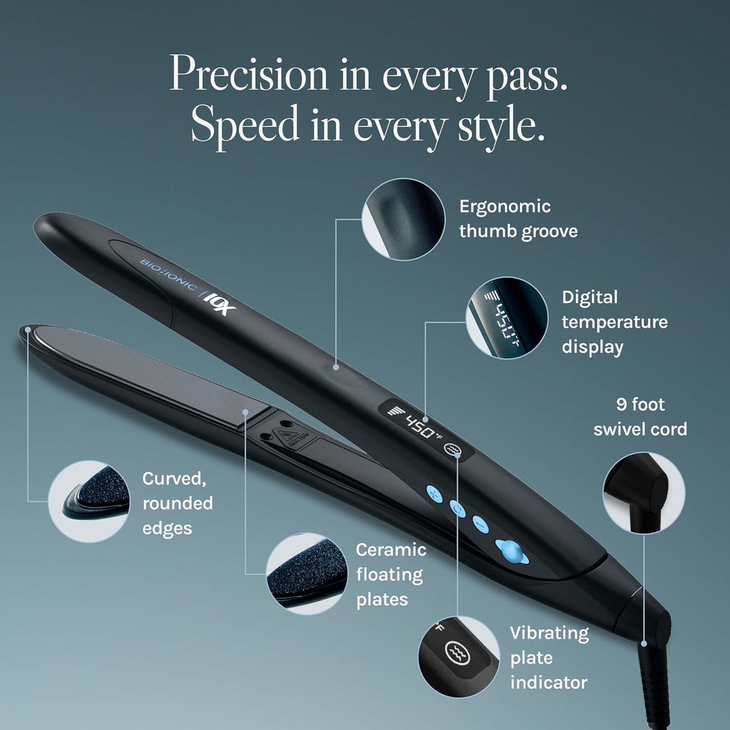 Bio Ionic 10X Styling Iron, Hair Straightener with 1' Sonic Vibrating Plates, Flat Iron with Ion Generating Mineral Complex, Versatile Styler for Wavy & Straight Hairstyles
