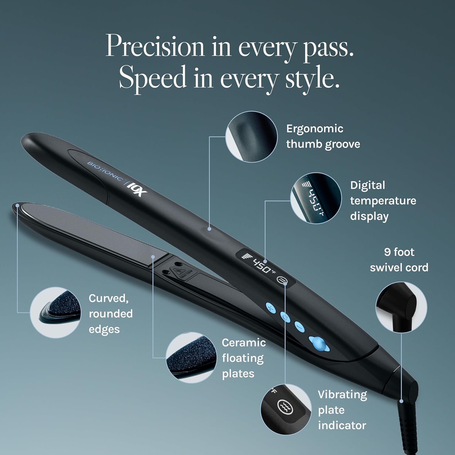 Bio Ionic 10X Styling Iron, Hair Straightener with 1' Sonic Vibrating Plates, Flat Iron with Ion Generating Mineral Complex, Versatile Styler for Wavy & Straight Hairstyles