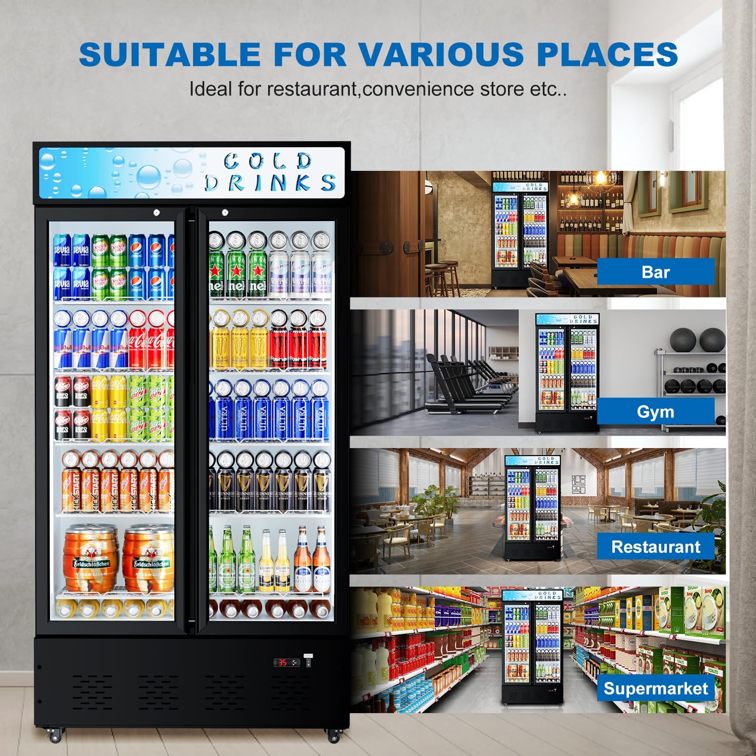41.3''W Commercial Beverage Refrigerators, 30 Cu.ft. Glass Door Refrigerator Upright Display Cooler with Soft LED Light and Adjustable Shelves for Restaurant Grocery Stores Home
