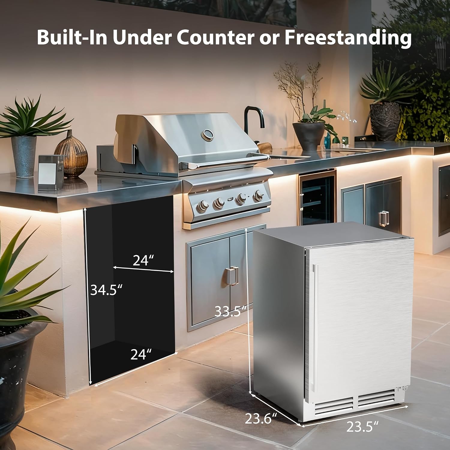 Coolake 24″ Outdoor Refrigerator for Patio, 5.3 Cu.ft/180 Cans Under Counter Beverage Cooler, Stainless Steel Built-in or Freestanding Weather Proof Beverage Fridge for Backyard Kitchen