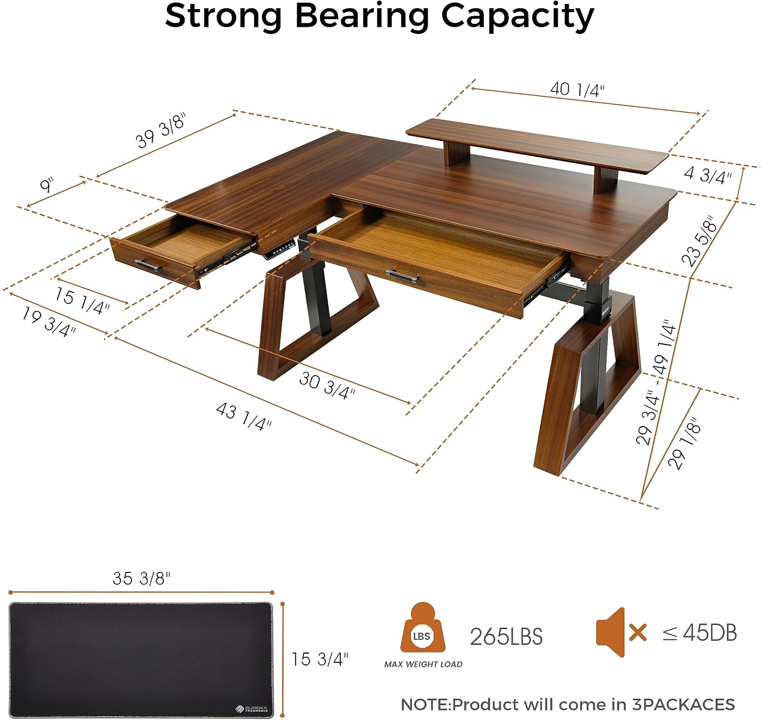 EUREKA ERGONOMIC L Shaped Desk 63', Solid Walnut Wood Top, Executive Standing Desk Adjustable Height, Dual Motor Corner Workstation with Drawers & Monitor Shelf for Home Office, Left